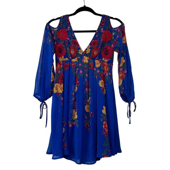 Free People Blue Floral Women's Penny Lover Cold Shoulder Mini Dress Size XS - Picture 1 of 6